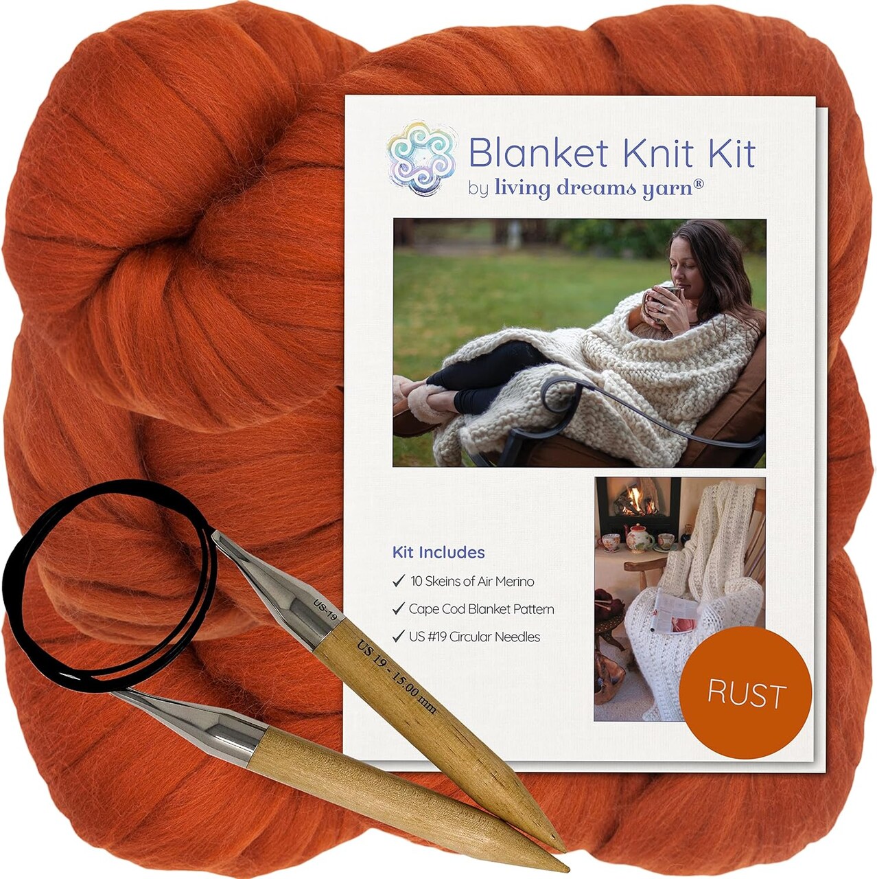 DIY Merino Wool Blanket Knitting Kit: Soft and Thick #7 Weight Jumbo Yarn, Knitting Needles and Pattern. Soft, Cozy, Great for Gifts